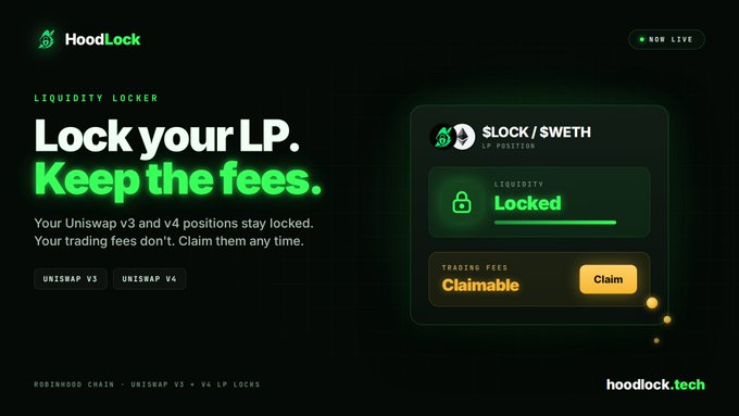A landing page for 'HoodLock' liquidity locker service advertising 'Lock your LP. Keep the fees.' for Uniswap v3 and v4 positions, showing a locked SLOCK/WETH LP position with claimable trading fees on Robinhood Chain.