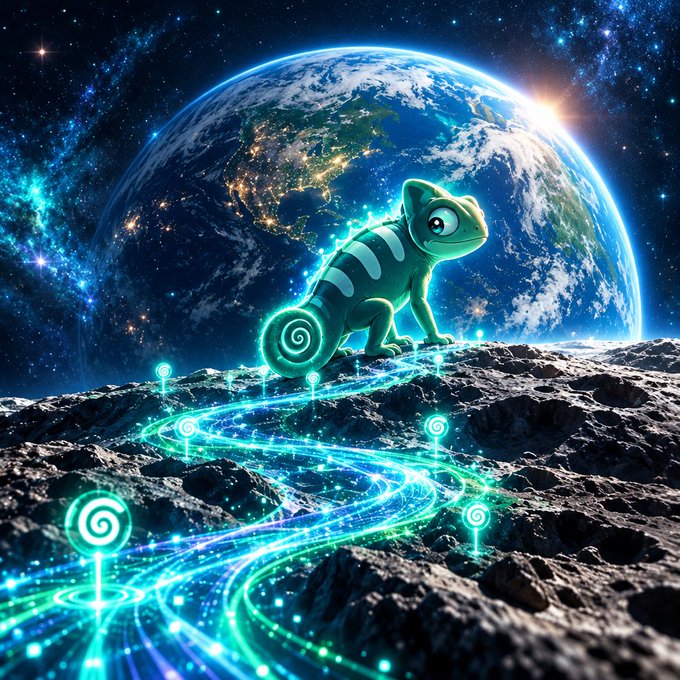 A glowing cyan chameleon with a curled spiral tail stands on a rocky lunar surface, with a path of glowing blue swirls leading toward Earth in the background.