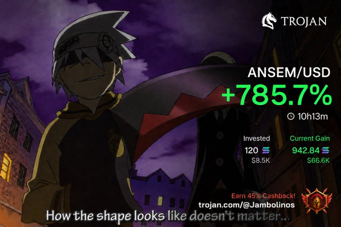 A promotional Trojan exchange ad features an anime character holding a keyblade against a purple city backdrop, showcasing a +785.7% gain on ANSEM/USD with $8.5K invested over 10h13m, alongside a 45% cashback offer at trojan.com/@Jambolinos. The post celebrates a winning trade and announces a 3 $SOL airdrop giveaway, tying the image's success narrative to the community reward.