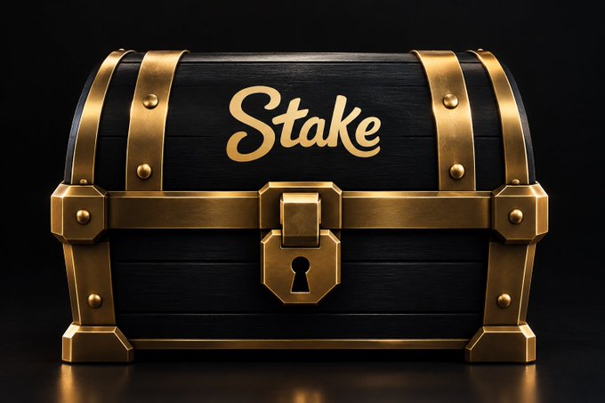 A black and gold treasure chest with a keyhole is displayed, featuring the word "Stake" written in gold cursive lettering across its front. The chest visually reinforces the post's message, symbolizing that dropping a Stake username will "unlock" the locked chest's contents.