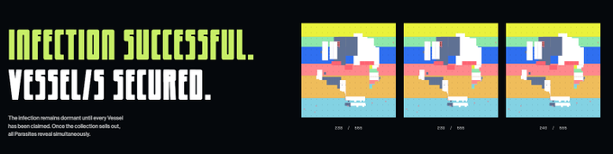A pixel art game screen displaying 'INFECTION SUCCESSFUL. VESSEL/S SECURED.' alongside explanatory text and three character portraits showing infection progress at 239/500, 238/500, and 240/500.