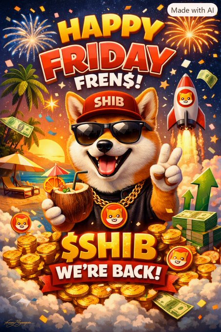 A cartoon Shiba Inu wearing sunglasses, a "SHIB" cap, and a gold chain holds a coconut drink and flashes a peace sign amid fireworks, gold coins, cash, a rocket, and the text "HAPPY FRIDAY FREN$!" and "$SHIB WE'RE BACK!"—perfectly capturing the post's celebratory "we're back" Friday vibes for SHIB.