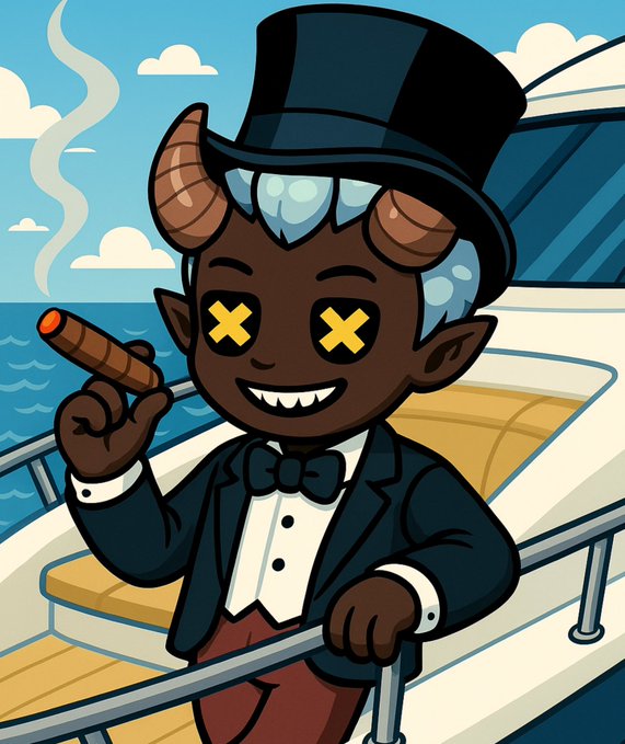 A cartoon illustration of a demon-like character with horns, X's for eyes, and a wide smile, wearing a black top hat and tuxedo while smoking a cigar on a yacht with the ocean in the background.