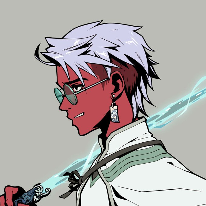 An anime-style digital illustration shows a side profile of a young man with spiky white hair, red skin, and teal-tinted glasses, wearing a white jacket with green stripes and dangling earrings, while holding a glowing blue energy sword.