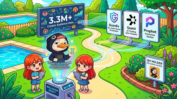 The image features a cartoon scene with two girls, one wearing a black hoodie and holding a phone while standing next to another girl who has a bird costume on. They are surrounded by various signs that include logos for companies like Quot, Prophet, and Guardian. The girls appear to be engaged in an activity or conversation related to these businesses.