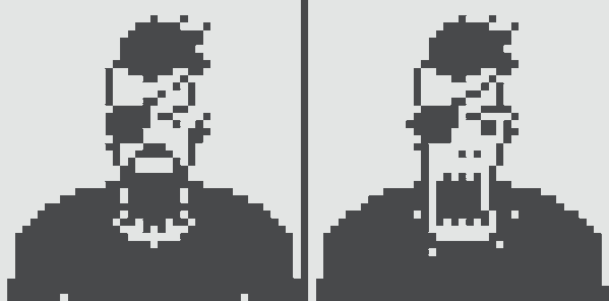 Two pixel-art portraits of a mustached man appear side by side, showing the original on the left and a customized version on the right featuring altered facial features and a beard, consistent with the post describing "Normie #9197" with 36 pixels changed by dankochen.eth on normies.art.