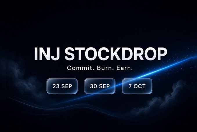 A promotional graphic for 'INJ STOCKDROP' with the tagline 'Commit. Burn. Earn.' and date buttons for 23 SEP, 30 SEP, and 7 OCT.