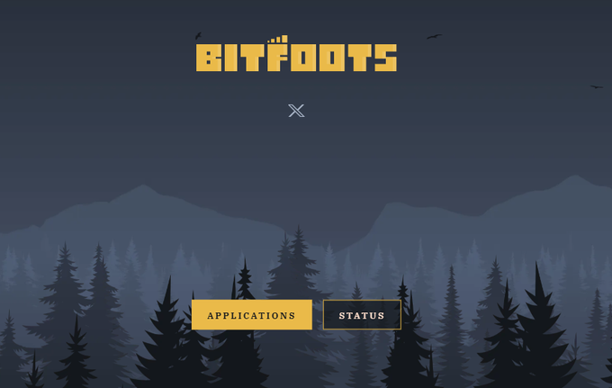 A website or game title screen for 'BITFOOTS' displaying 'APPLICATIONS' and 'STATUS' buttons against a backdrop of a dark forest silhouette.
