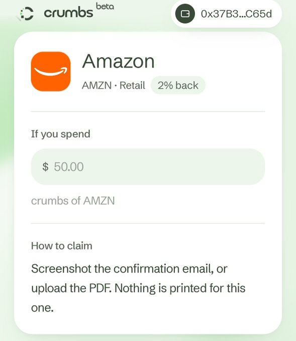 The image shows a Crumbs app interface displaying an Amazon (AMZN) reward offer, showing 2% back on a $50.00 spend. It illustrates the post's instruction to upload receipts from listed brands to earn rewards, as the "How to claim" section explains users can submit a screenshot of the confirmation email or upload the PDF to earn crumbs on their Amazon purchase.