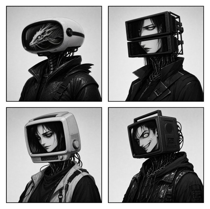 A black and white four-panel illustration depicting cyborg or futuristic figures with TV and monitor-like devices in place of heads, featuring anime-style characters with mechanical elements.