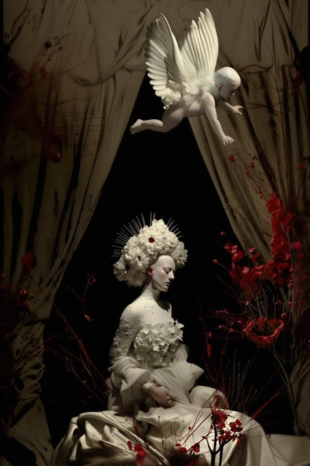 Surreal artistic image featuring a pale figure with a flower crown surrounded by red branches and white curtains, while a small white winged cherub-like creature flies above.