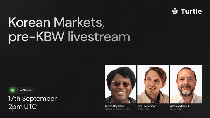 Promotional image for a "Korean Markets, pre-KBW livestream" hosted by Turtle on September 17th at 2pm UTC, featuring headshots of speakers Taweth Bevisollow (CEO and Co-Founder of Bond), Tim Haldorsson (CEO of Turtle), and Alessio Marinelli (CEO of Bonfida), which corresponds to the accompanying announcement of the pre-KBW discussion on Korean markets and crypto.