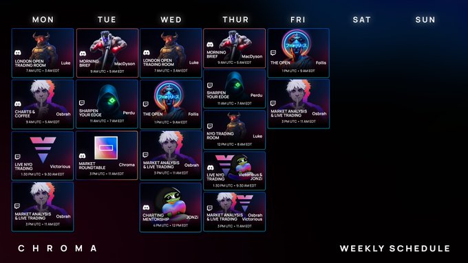 A 'CHROMA WEEKLY SCHEDULE' displaying a calendar grid with Discord/Trading-themed events featuring characters named Luke, MacDyson, Osbahr, Perdu, Rollins, Victorious, and Chroma.