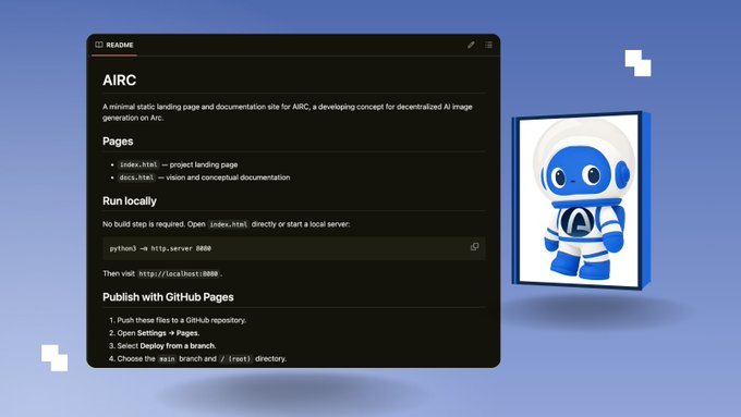 A screenshot of a GitHub README for "AIRC," described as a minimal static landing page and documentation site, with a blue robot mascot illustration on the right.