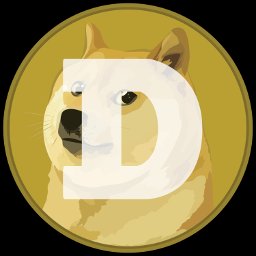 The Dogecoin logo featuring a Shiba Inu dog's face overlaid with a large white letter 'D', set on a gold circular coin background.