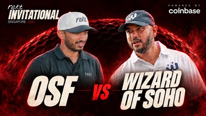 A promotional graphic for "The Rekt Invitational Singapore 2026" (powered by Coinbase) features headshots of OSF (in a Rekt-branded cap) and Wizard of Soho (in a "W" cap) against a fiery red background, with the text "OSF VS WIZARD OF SOHO" announcing their upcoming match on October 6th, where the winner's side will have $10k of the loser's token purchased.