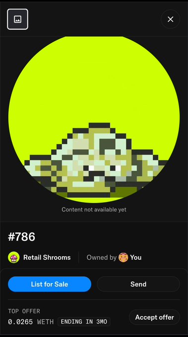 A mobile app screen showing an NFT profile with a pixelated image, labeled "#786", "Retail Shrooms", "Owned by You", with options to "List for Sale" or "Send" and a top offer of 0.0265 WETH.