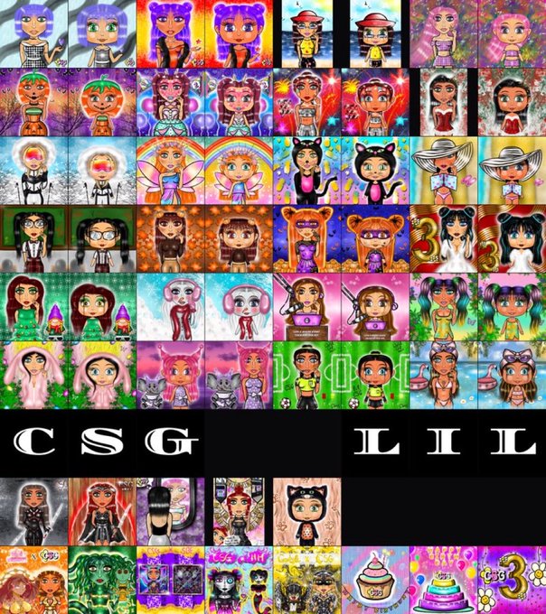 A collage featuring various digital character avatars arranged in a grid, with the letters 'CSG' and 'LIL' displayed prominently across the middle.