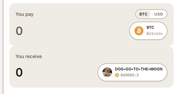 A cryptocurrency swap interface showing 'You pay' 0 BTC (Bitcoin) and 'You receive' 0 of a token named 'DOG·GO·TO·THE·MOON' with a 840000:3 ratio.