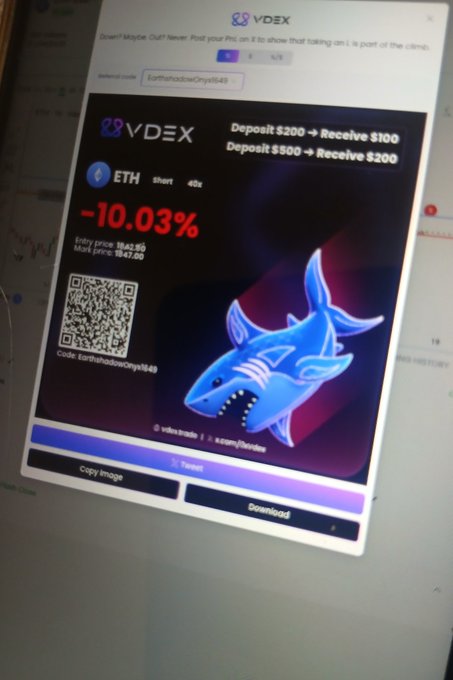 A VDEX promotional image showing ETH at -10.03% with a deposit bonus offer ($200→$100, $500→$200) and a blue shark graphic, featuring the referral code 'EarthshadowCrypto849' and a QR code.