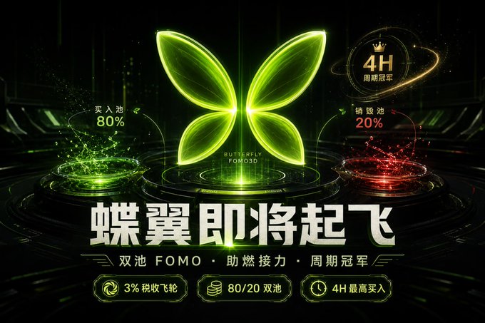 The image displays a promotional graphic for "蝶翼 FOMO3D" (Butterfly FOMO3D), featuring a glowing green butterfly logo with key metrics: 80% 买入池 (buy pool), 20% 销毁池 (burn pool), and a 4H 周期冠军 (4-hour period champion) badge. The post announces the project's launch tonight from 7:00-9:00, with the image visually reinforcing the core mechanics mentioned in the text.