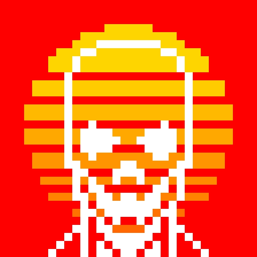 A pixel art image on a red background depicts a stylized figure wearing a yellow and orange burger-themed headpiece, resembling a fast-food mascot.