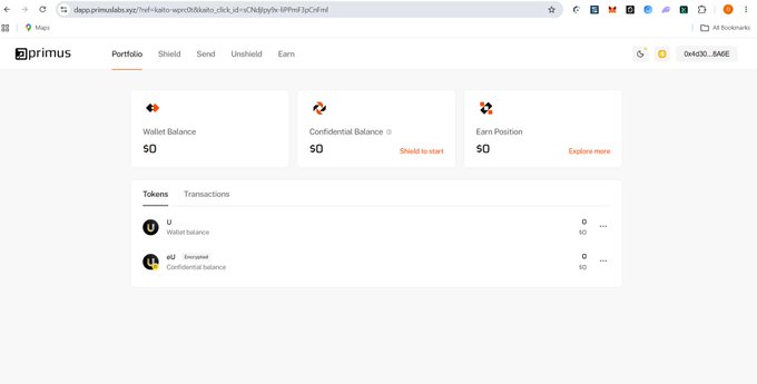A screenshot of the 'Primus' web application interface showing a portfolio dashboard with $0 balances for 'Wallet Balance' and 'Confidential Balance'.