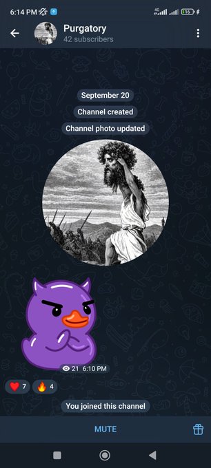 A Telegram channel page for 'Purgatory' with 42 subscribers shows a profile picture of a classical bearded figure and a purple devil emoji sticker posted in the chat.
