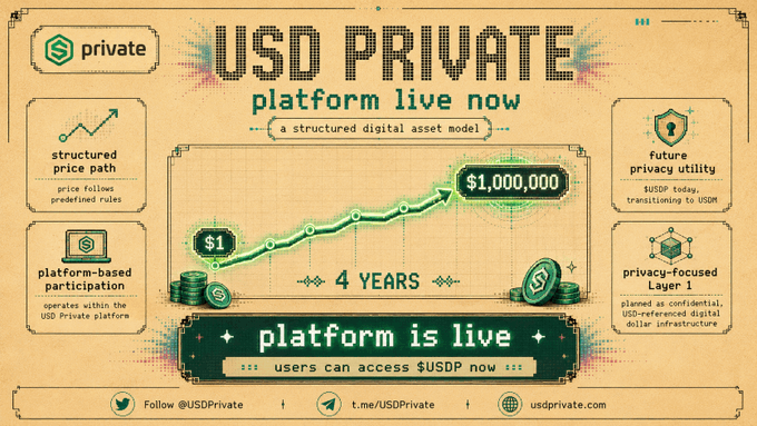 The image features a poster or banner for a private USDP project, which is a structured digital asset model that uses a predefined price path within its platform itself instead of relying on traditional market trading. The poster displays various elements related to this project, including a graph showing the growth of the value of the USDP token over time and a list of features or benefits associated with using the platform.