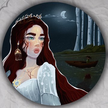 A digital illustration in a circular frame depicts a melancholy woman with flowing red hair, a crescent moon, a night sky, and a small boat on water.