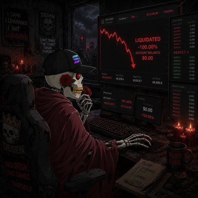 A dark, stylized digital artwork depicts a skeleton figure wearing a cap and red robe staring at a trading screen showing 'LIQUIDATED -100.00%' and 'ACCOUNT BALANCE $0.00' on BTCUSDT perpetual, with warnings like 'I CAME I LEVERAGED I GOT LIQUIDATED' on the wall.