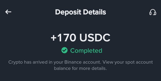 A mobile app screenshot showing a Binance Deposit Details confirmation for +170 USDC marked as Completed, with text stating "Crypto has arrived in your Binance account."