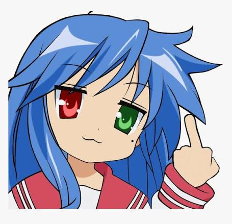 An anime-style character with blue hair, heterochromia (one red eye, one green eye), and a red jacket holds up one finger while pointing at her cheek.