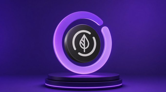 A futuristic purple-lit 3D render features a stylized coin with a leaf logo encircled by a glowing "C" shape, displayed on a tiered podium, symbolically representing the launch of the new $DOVU utility token on Hedera.