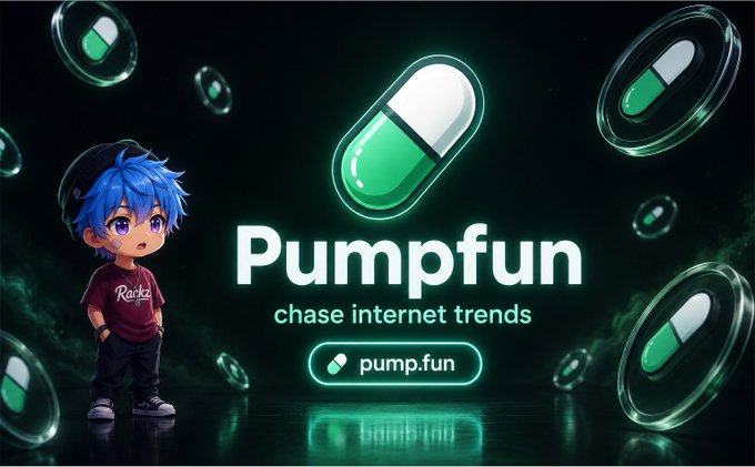 A promotional graphic features an anime-style blue-haired character alongside large green pill graphics, with the text "Pumpfun" and the tagline "chase internet trends" displayed with a "pump.fun" button.