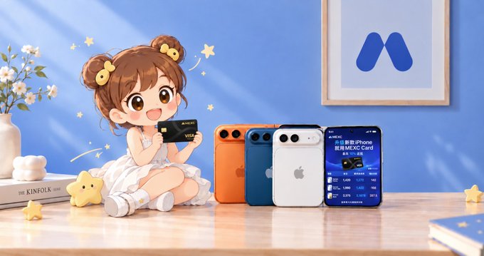 An animated chibi character holds an AESF META credit card next to three colorful smartphones and an iPhone displaying an NFC Card interface on a desk with the Meta logo in the background.