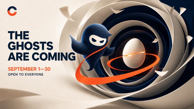A promotional banner for Cifer Security's "The Ghosts Are Coming" event running September 1-30, open to everyone, featuring a cartoon ghost mascot emerging from a swirling portal with orange accent rings, visually tying into the post's discussion of collecting Ghost tokens for tiered rewards like free Eggs.