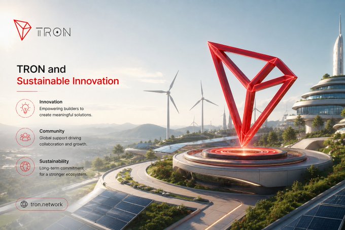 A promotional graphic for TRON blockchain, featuring the text 'TRON and Sustainable Innovation' with sections on Innovation, Community, and Sustainability, set against a futuristic green cityscape with wind turbines and the TRON logo.