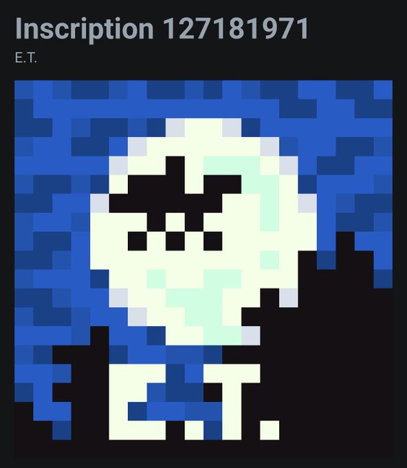 A pixel art NFT titled 'E.T.' with inscription number 127181971, depicting a stylized alien face in blue and cream tones.
