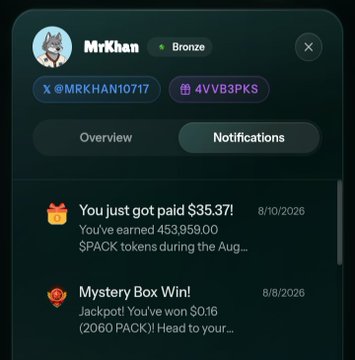 A mobile app notification screen for user MrKhan (@MRKHAN10717) shows a $35.37 payment of 453,959.00 $PACK tokens and a Mystery Box Win notification.