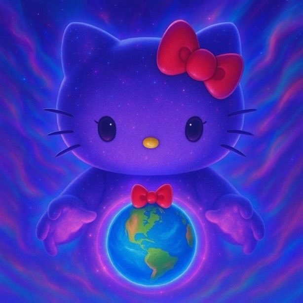 A purple Hello Kitty with a red bow holds Earth in its paws against a swirling purple and pink cosmic background.