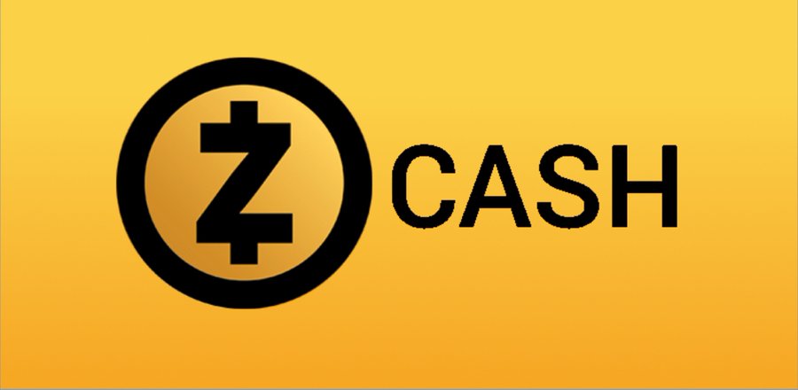 A yellow graphic displays the Zcash (ZEC) cryptocurrency logo, featuring a black 'Z' symbol inside a circle next to the word 'CASH'.