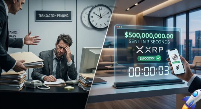 A split image contrasts traditional banking frustrations—depicted by a stressed worker drowning in paperwork under a "TRANSACTION PENDING" sign—with the sleek efficiency of XRP, showing "$500,000,000.00 SENT IN 3 SECONDS" and a "SUCCESS!" message on a digital display and smartphone, visually reinforcing the post's argument that XRP transfers are vastly faster and simpler than bank transactions.