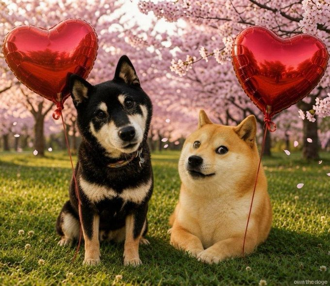 Two Shiba Inu dogs sit on grass beneath blooming cherry blossom trees, each holding a shiny red heart-shaped balloon, with 'own the doge' watermarked.