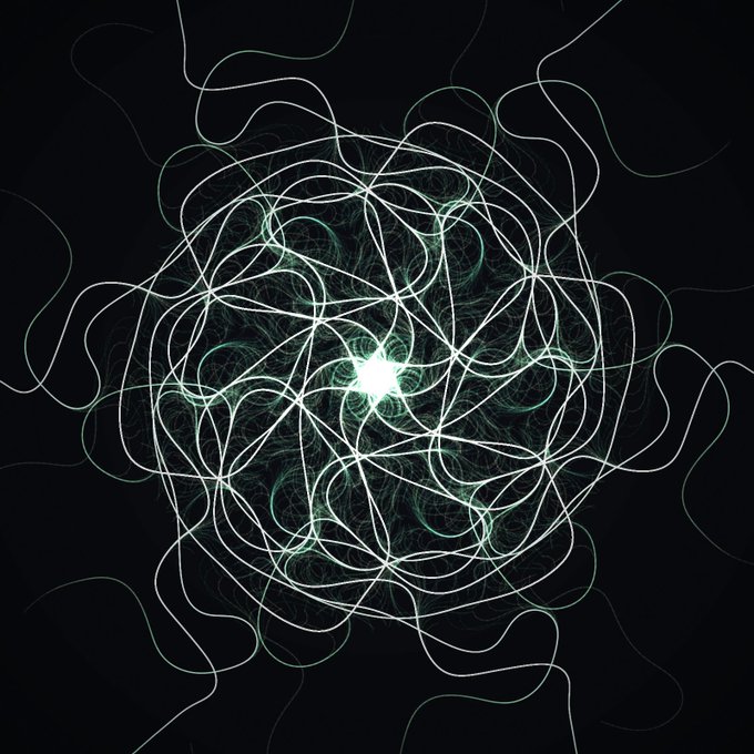 An abstract digital artwork featuring swirling white and green light lines forming a glowing orb on a black background.