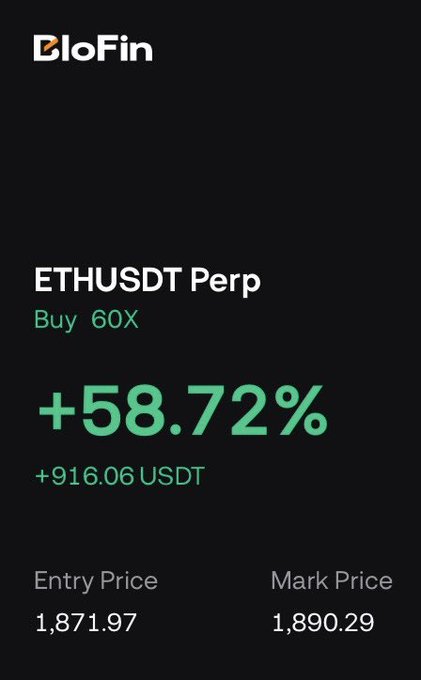 A dark-themed trading screenshot from BloFin showing an ETHUSDT Perp 'Buy 60X' position up +58.72% (+916.06 USDT), with an entry price of 1,871.97 and a mark price of 1,890.29.