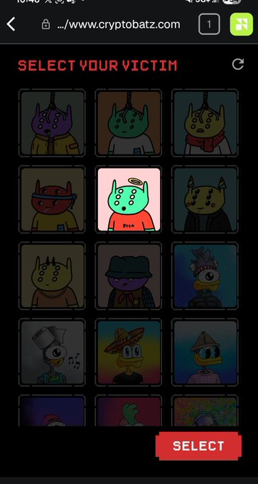 Screenshot from cryptobatz.com showing a 'SELECT YOUR VICTIM' page with various pixel-art bat character NFTs, with one highlighted in the center.