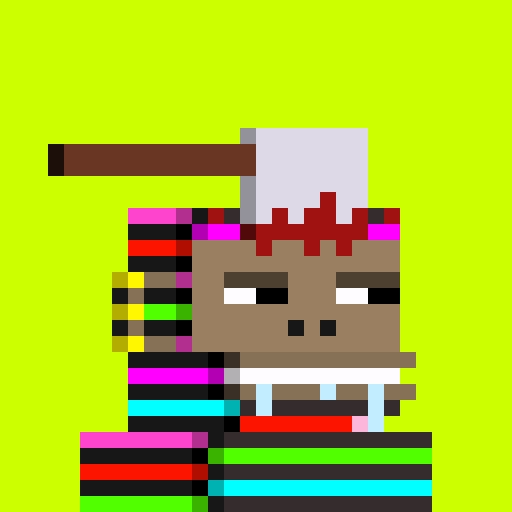 A pixel art character with a gray helmet and striped multicolored body holds a brown stick against a bright green background.