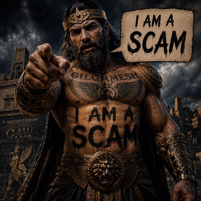 A digitally created image of a muscular bearded king-like figure with 'GILGAMESH' and 'I AM A SCAM' written on his chest, pointing at the viewer with a speech bubble declaring 'I AM A SCAM'.