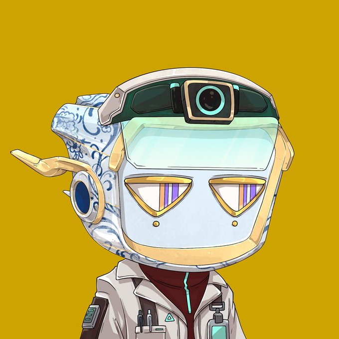 An anime-style character illustration featuring a figure wearing a futuristic white and gold helmet with blue por Delicate-style patterns, purple visor accents, and a circular camera-like attachment, against a yellow background.